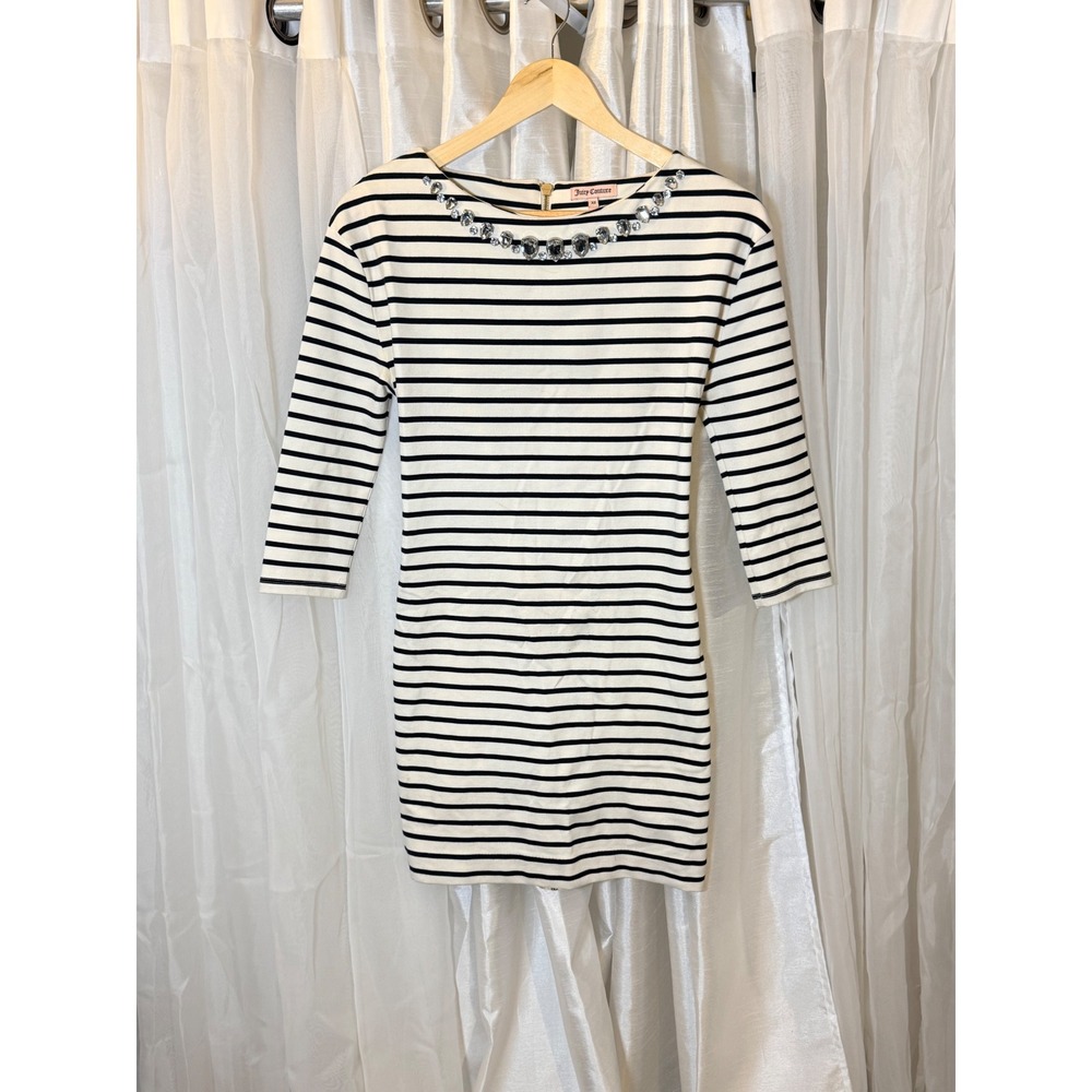 Juicy Couture Stripe Mini Dress Womens XS White Black Rhinestone Embellished Zip